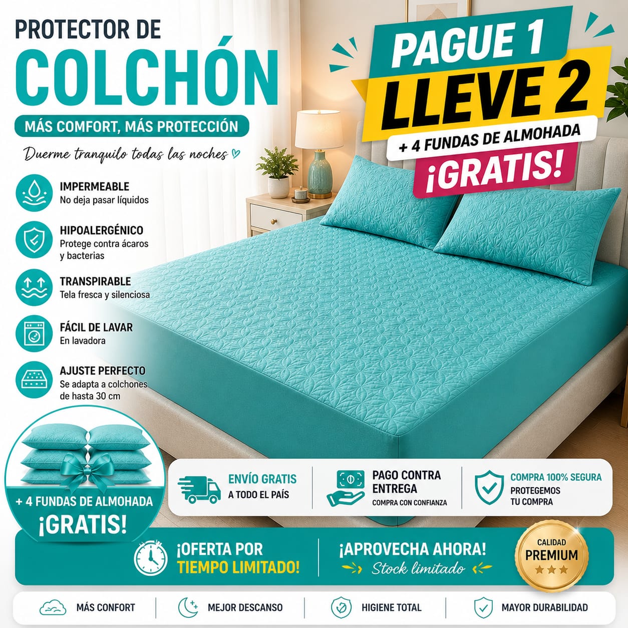 OFERTA EN CUBRE COLCHON PAGUE 1 LLEVE 2 +4 FUNDAS DE ALMOHADA⭐⭐⭐⭐⭐5/5